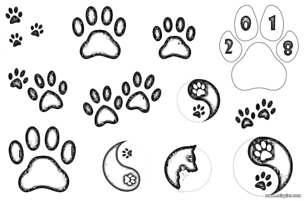 Раскраска Кошачьи лапки с цифрами, инь-янь с кошачьими лапками, силуэт кошки и кошачьи лапки разных размеров.