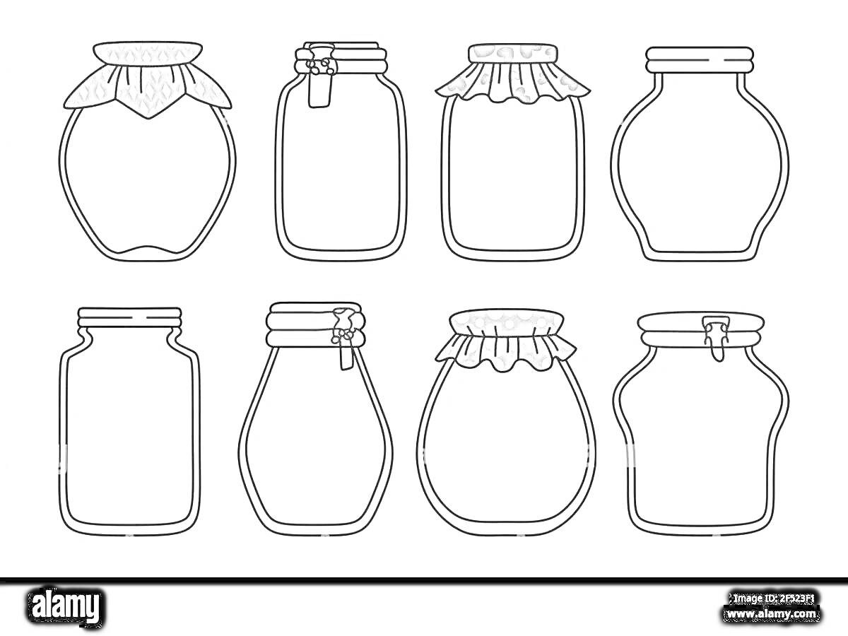 Раскраска Раскраска с пустыми стеклянными банками с различными крышками и украшениями (8 вариантов)