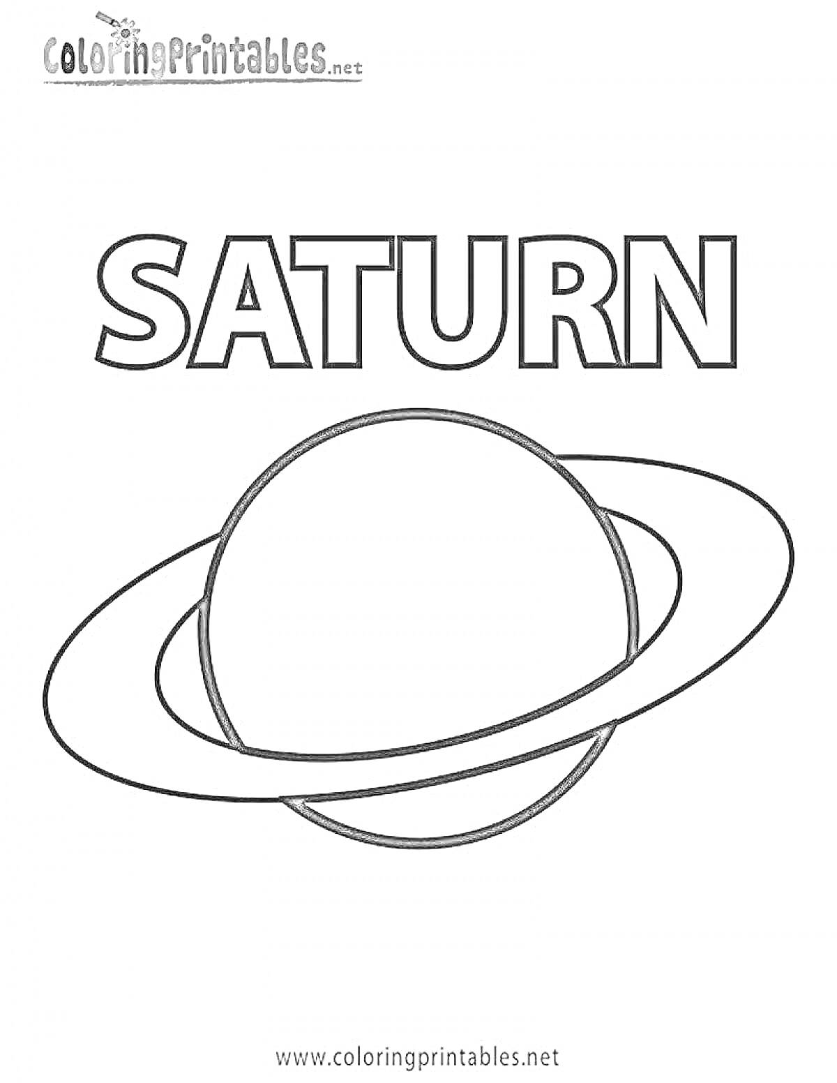 Раскраска Планета Сатурн с кольцами и надписью SATURN на раскраске