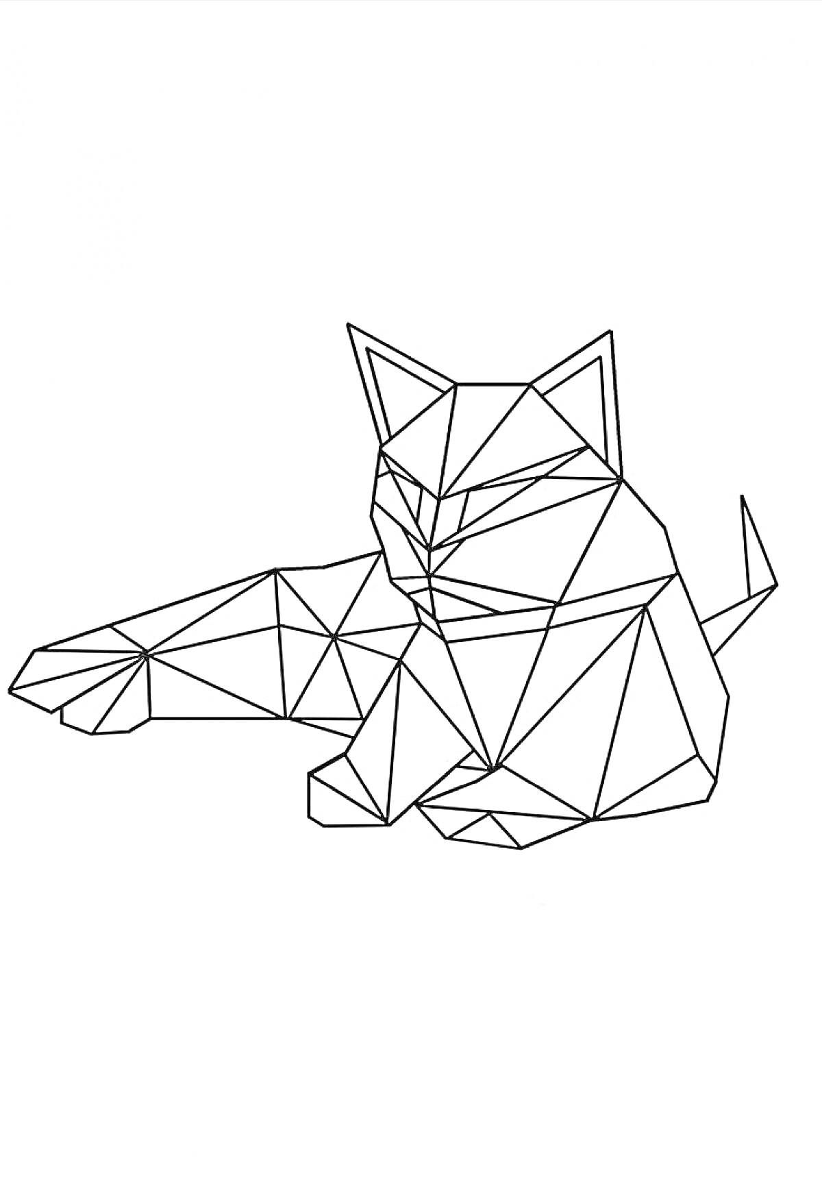 На раскраске изображено: Оригами, Кот, Животные, Линии, Треугольники, Геометрические узоры, Контурные рисунки