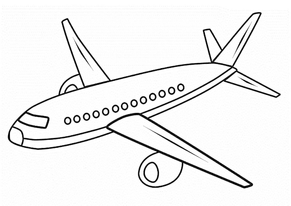 На раскраске изображено: Полет, Иллюминаторы, Крылья, Авиация, Транспорт