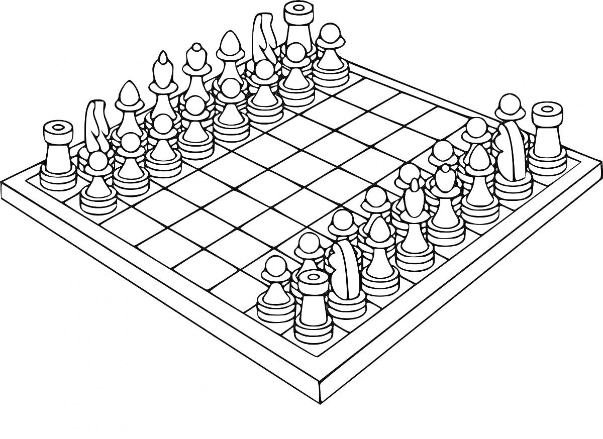 Раскраска Шахматная доска с расставленными шахматными фигурами