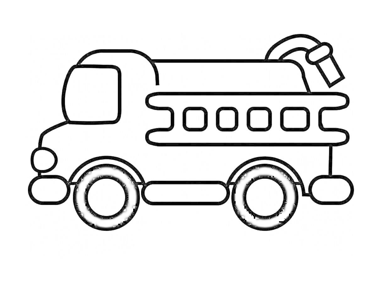 На раскраске изображено: Пожарная машина, Для малышей, Транспорт, Лестница, Окна, Для детей, Контурные рисунки