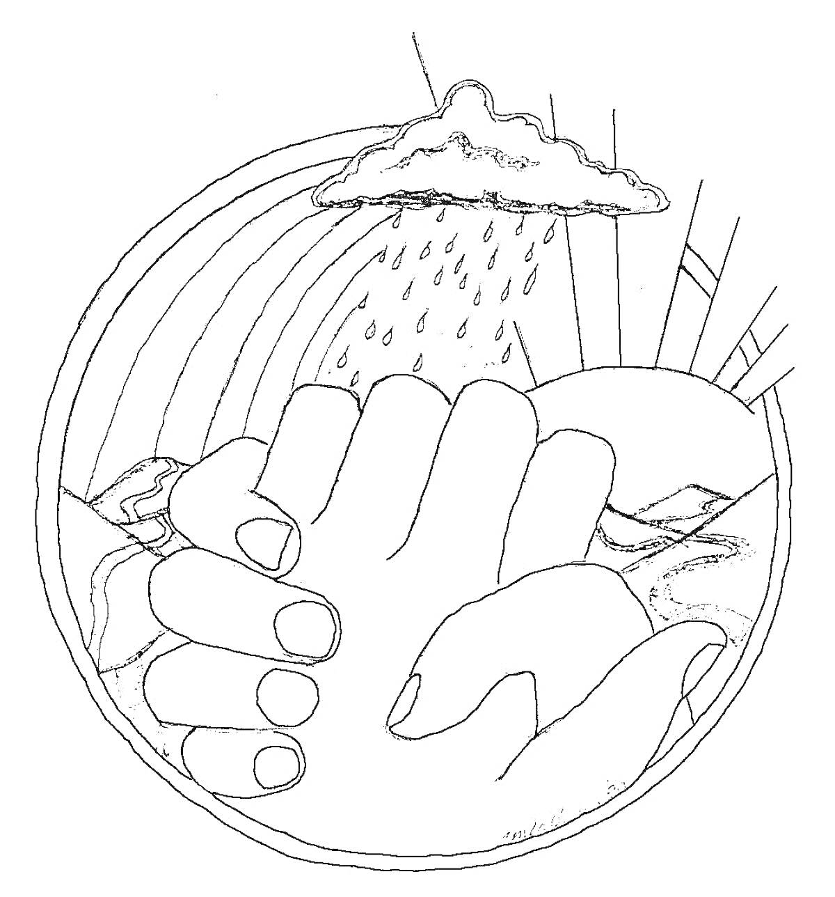 Раскраска Руки в рукопожатии на фоне ландшафта с рекой, облаком и радугой