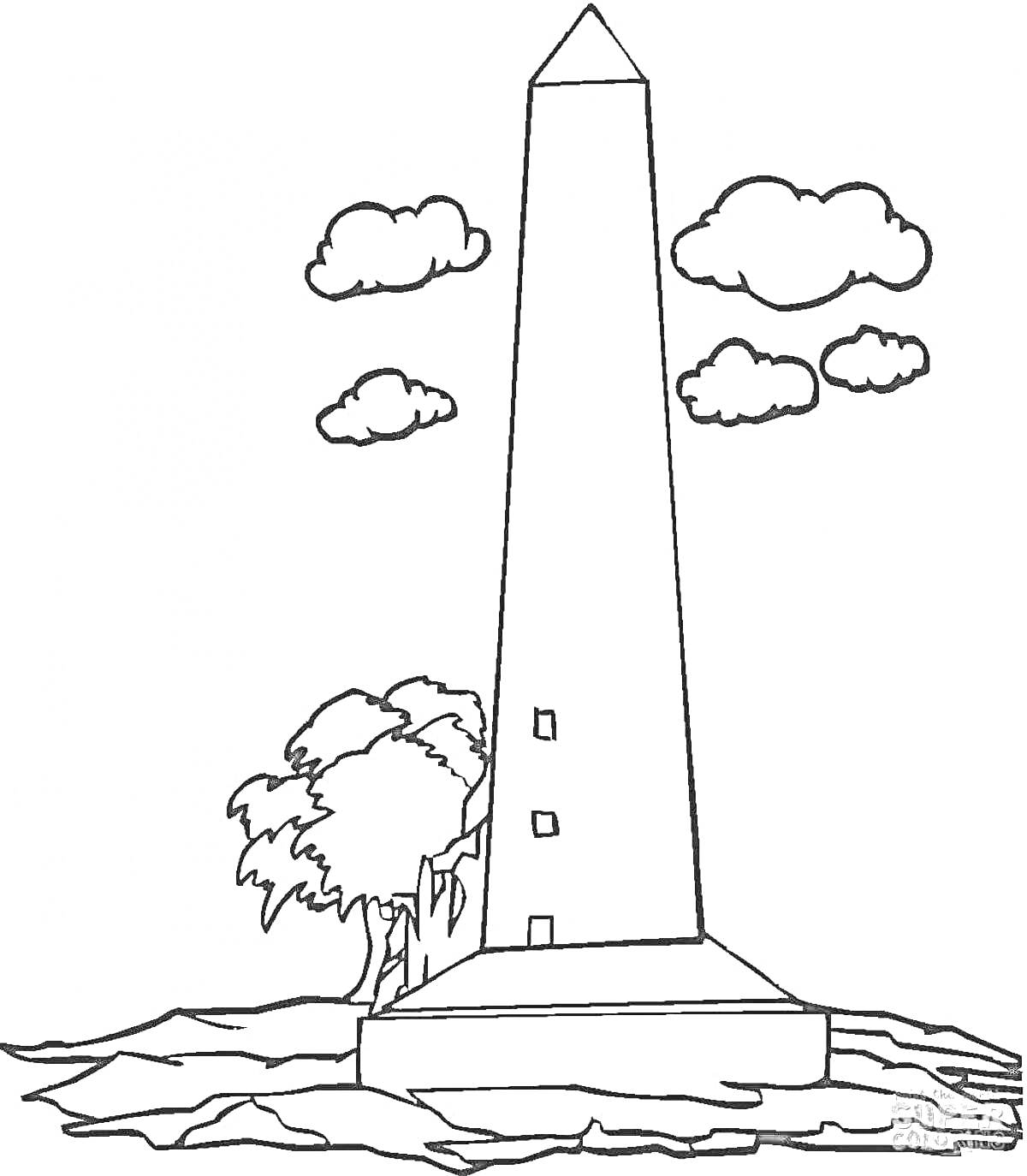 Раскраска Обелиск с деревьями и облаками