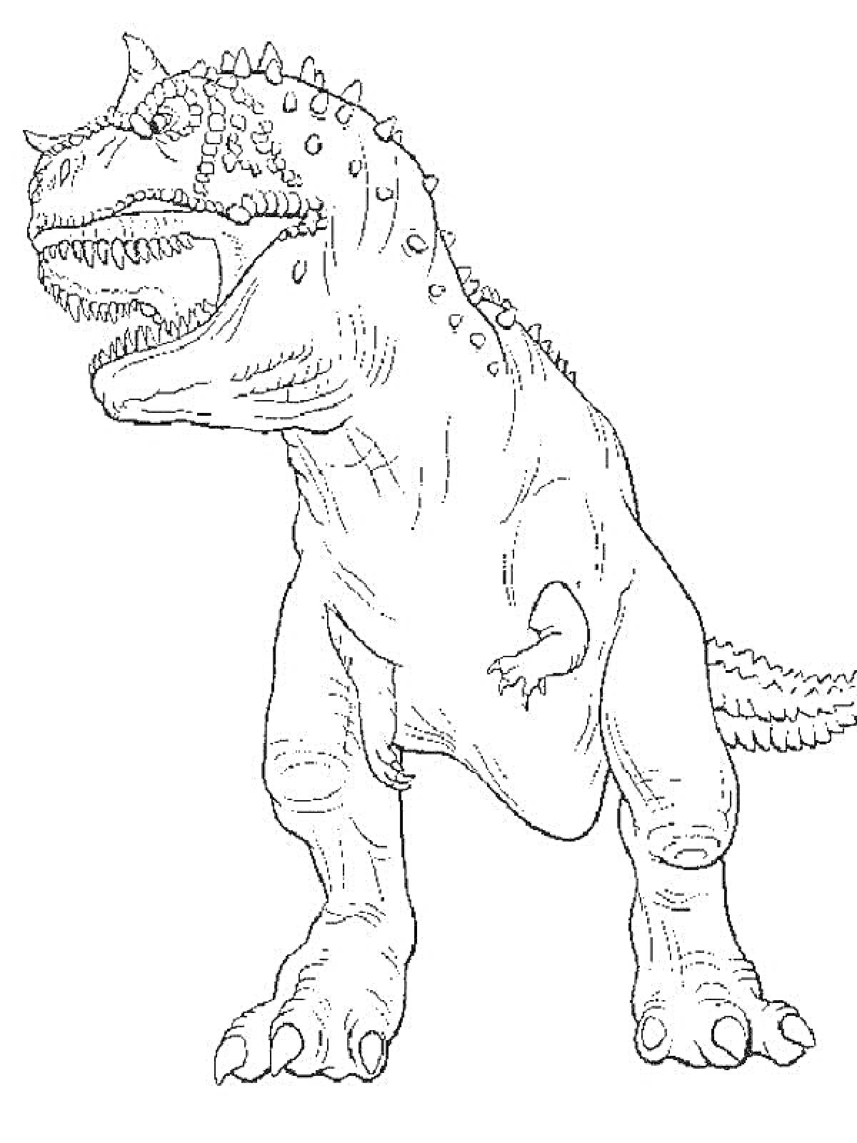 На раскраске изображено: Динозавр, Тирекс, Шипы, Открытый рот, Контурные рисунки, Древние животные