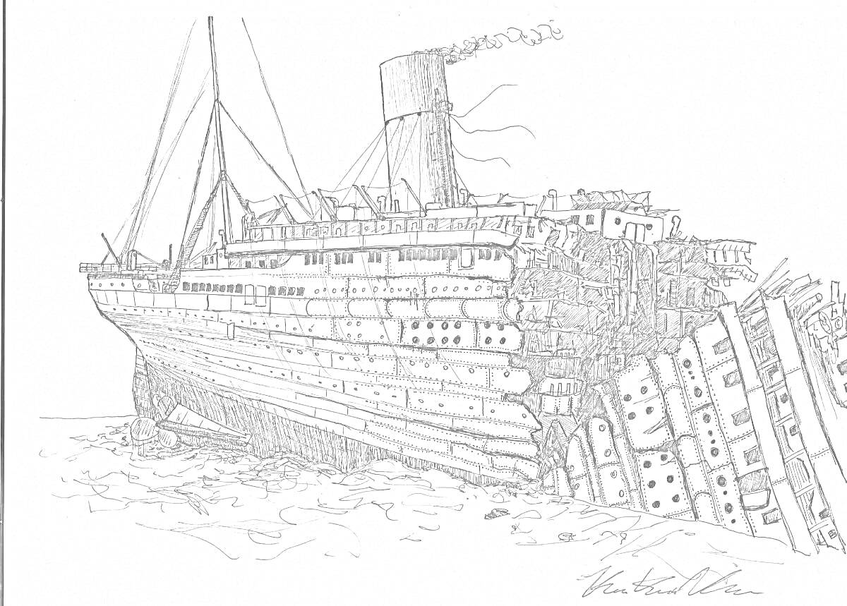 На раскраске изображено: Корабль, Титаник, Вода, Линия горизонта, Дым, Палуба, Катастрофа