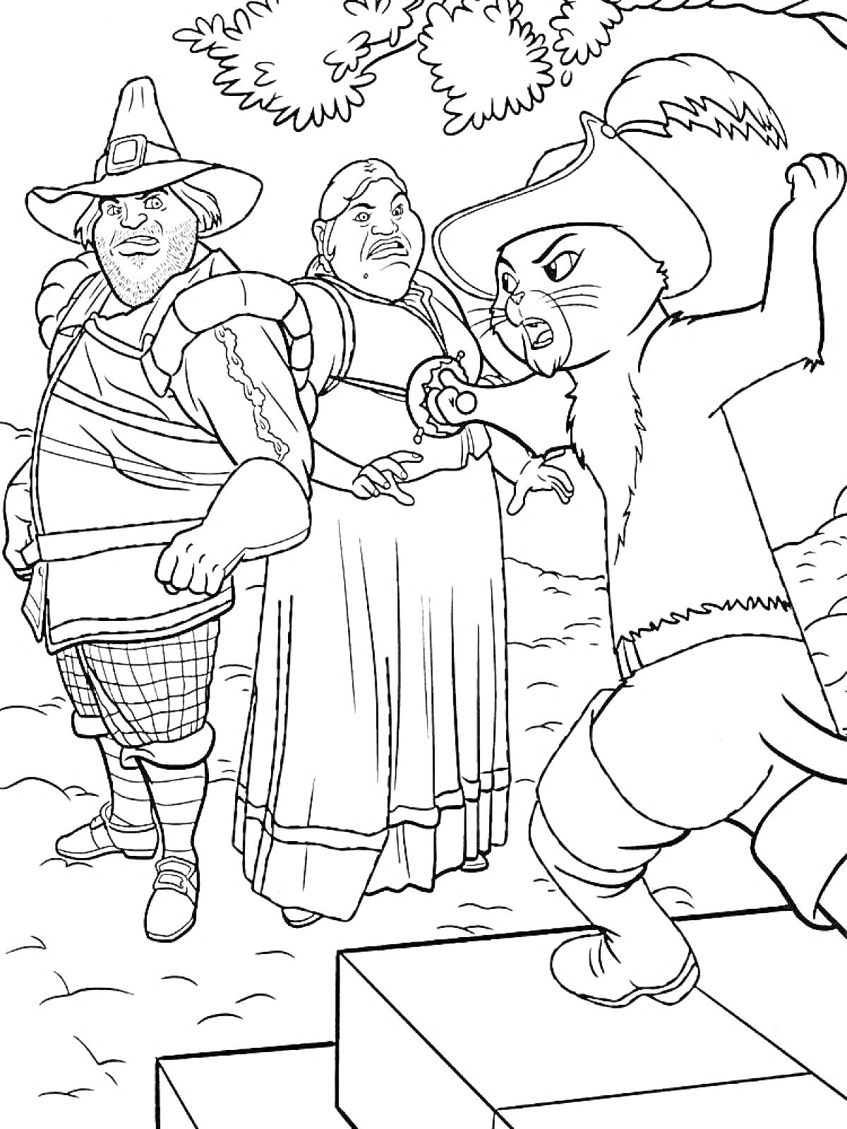 Раскраска Кот в сапогах с шпагои на фоне двух людей (рыцаря и женщины) и дерева