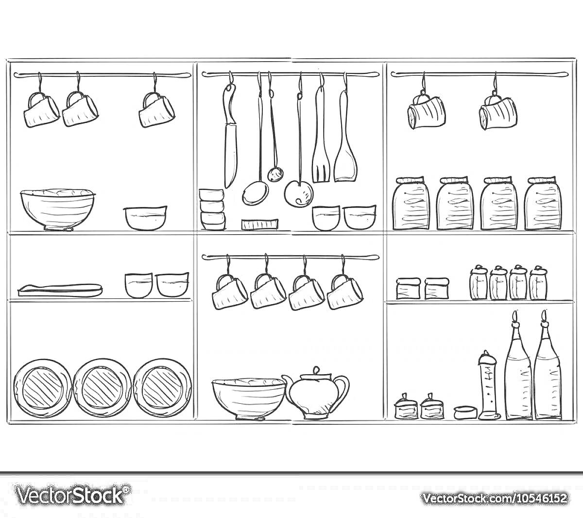На раскраске изображено: Чашки, Кастрюли, Столовые приборы, Специи, Полки, Кухонная утварь