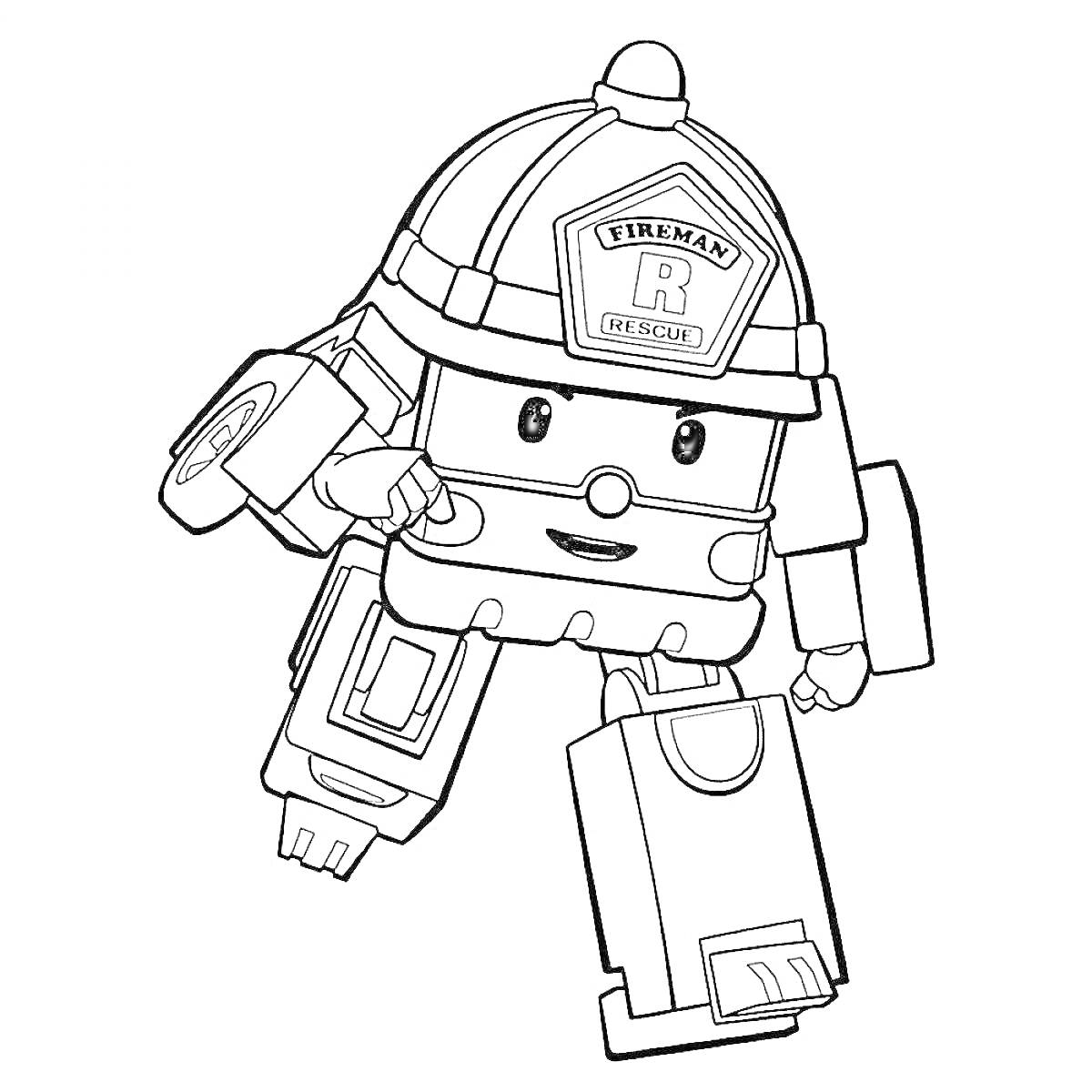 На раскраске изображено: Пожарное оборудование, Детский персонаж, Робокар поли
