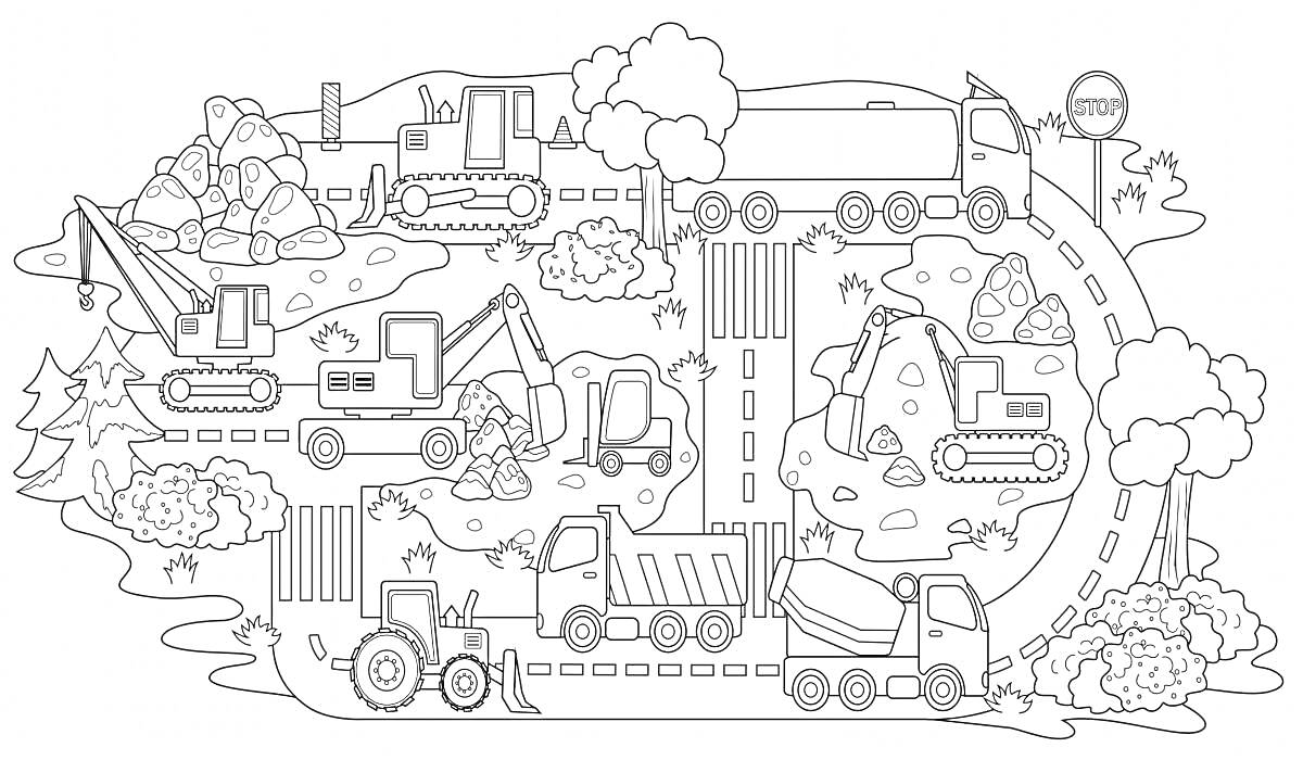 На раскраске изображено: Тяжелая техника, Деревья, Строительные машины, Грейдер, Экскаватор, Самосвал, Лес, Камни, Природа