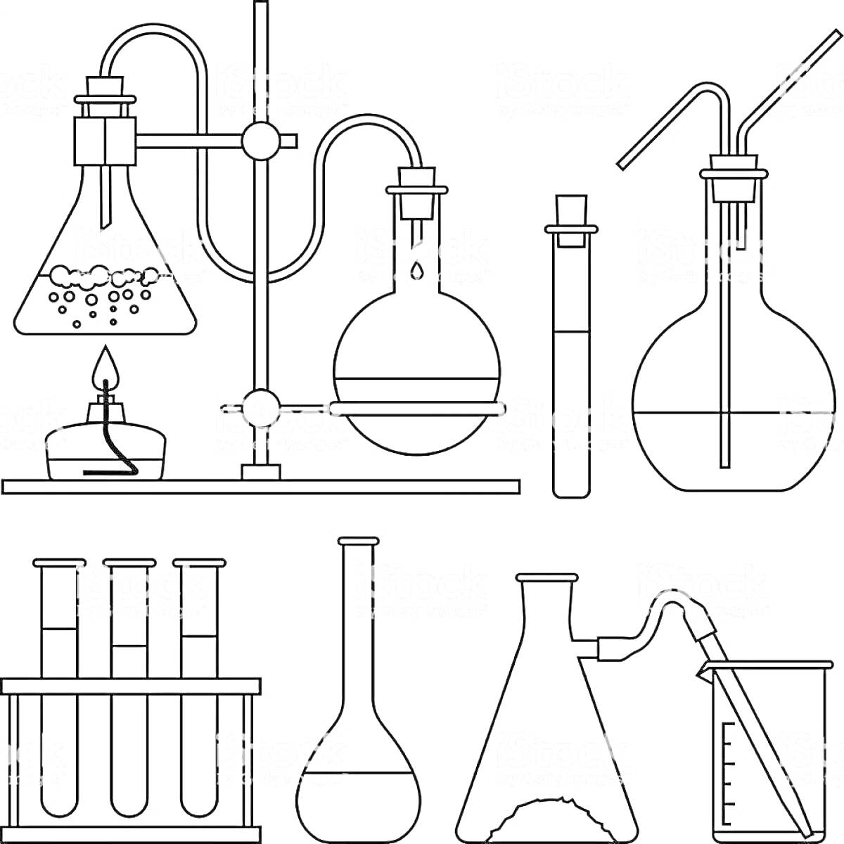 Раскраска Химическая лаборатория с колбами, пробирками и спиртовкой
