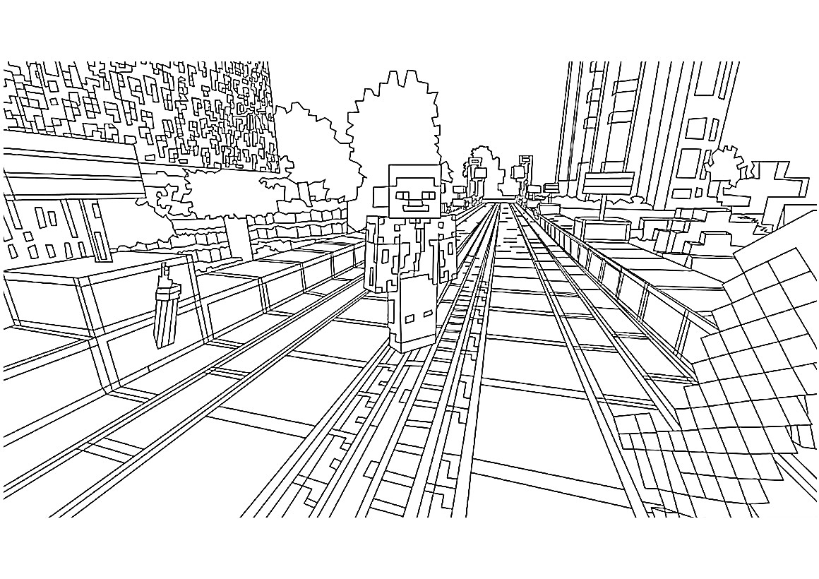 На раскраске изображено: Майнкрафт, Железная дорога, Поезд, Деревья, Здание, Квадраты, Природа, Персонаж, Пиксельный стиль