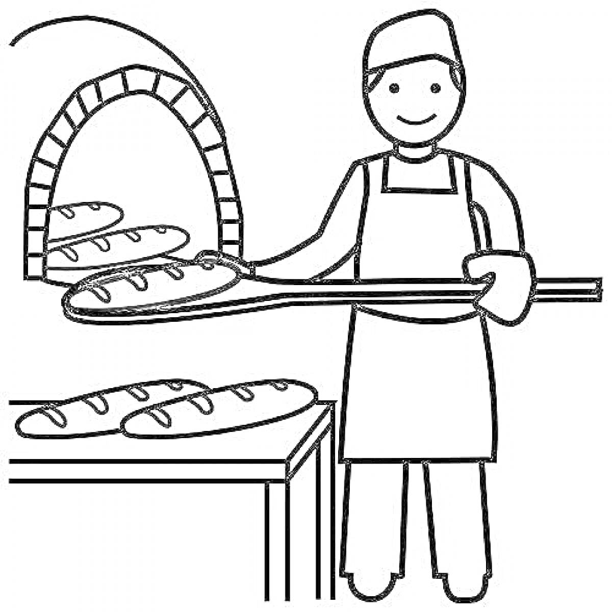Раскраска Пекарь с лопатой для хлеба около печи и столом с готовыми батонами