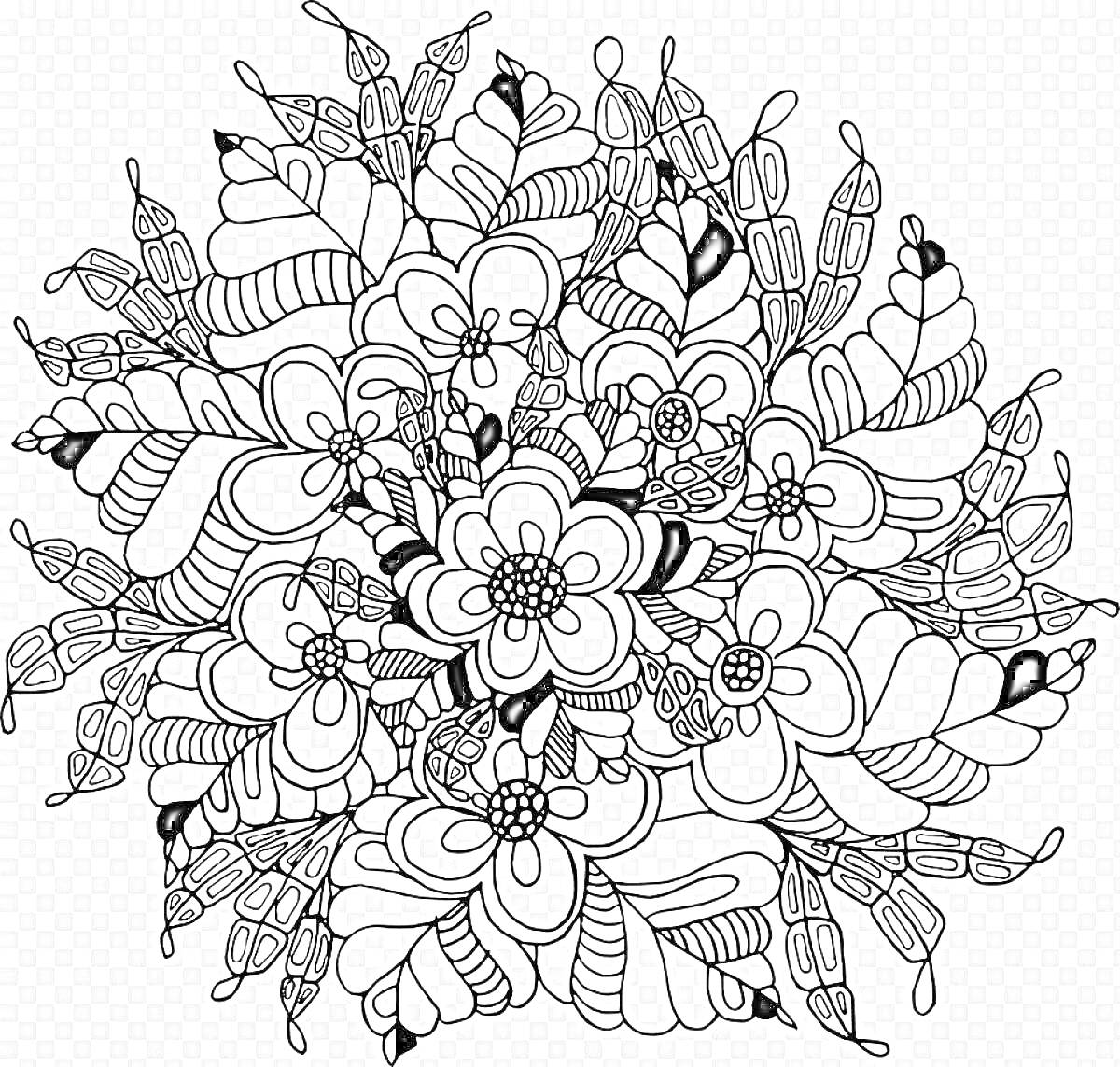 На раскраске изображено: Цветы, Листья, Орнамент, Завитки