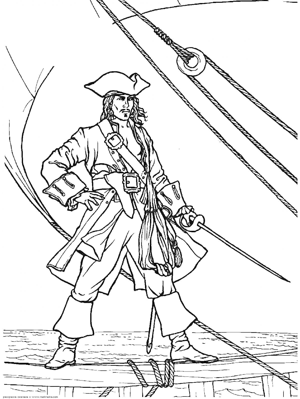 Пират на палубе корабля с саблей, фалами и поручнями