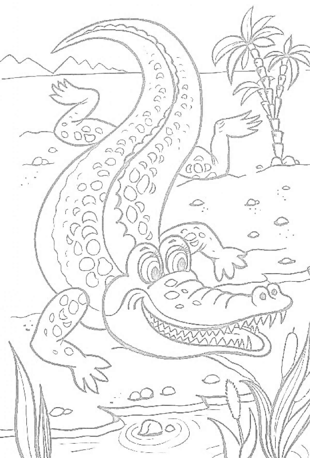 Раскраска Крокодил у воды с пальмами на фоне