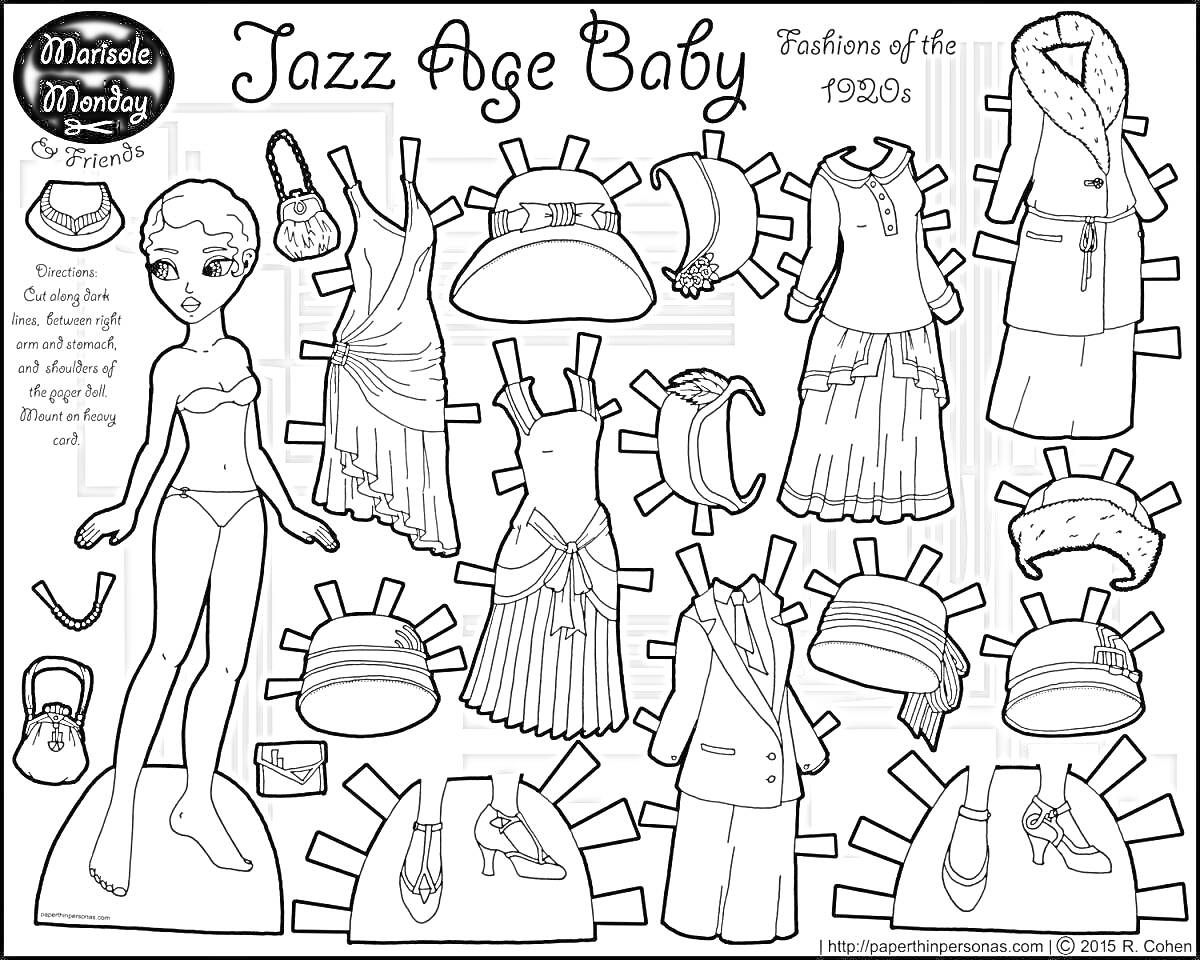 Раскраска Девочка с одеждой в стиле джазовой эпохи 1920-х годов. В раскраске присутствует: девочка в нижнем белье, платье с тонкими бретельками, наряд с блузкой и юбкой, пиджак и брюки, шляпа с ленточкой, туфельки на каблуке, несколько сумочек, накидка и другие акс