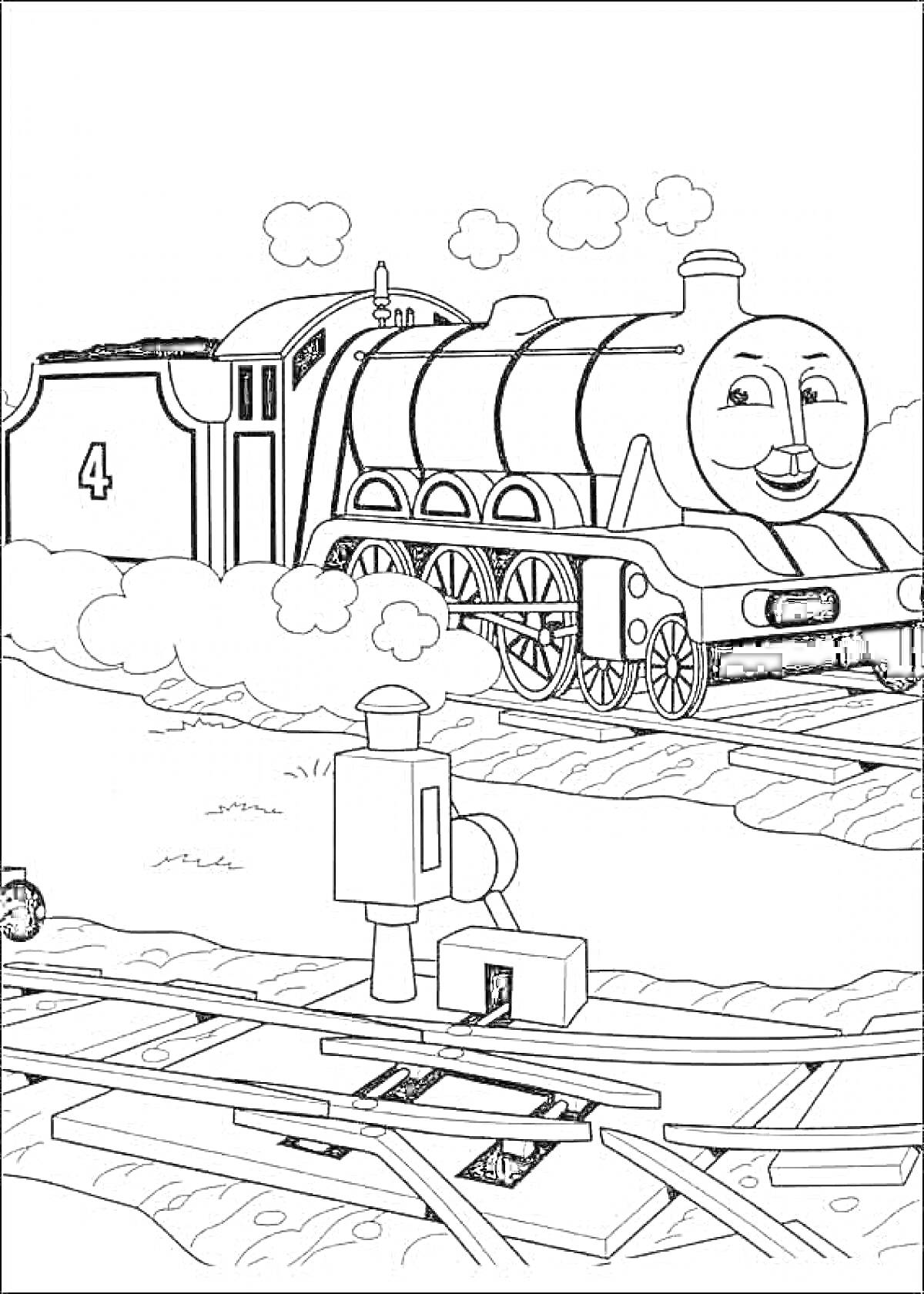 На раскраске изображено: Паровоз, Гордон, Железная дорога, Поезд, Из мультфильмов, Для детей, Сигналы