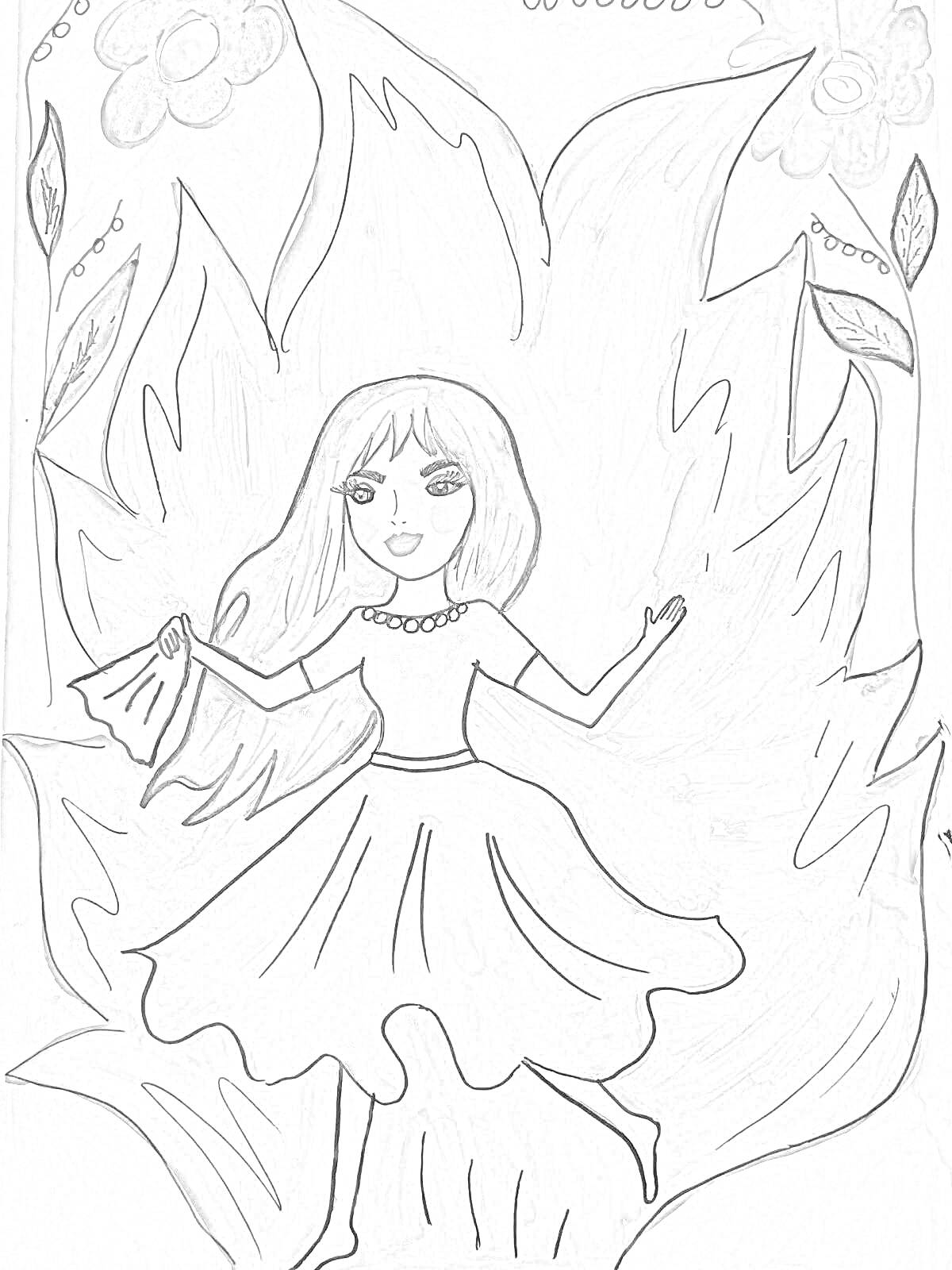 На раскраске изображено: Девочка, Огонь, Длинные волосы, Платье, Ткань, Цветы, Листья, Огневушка, Поскакушка