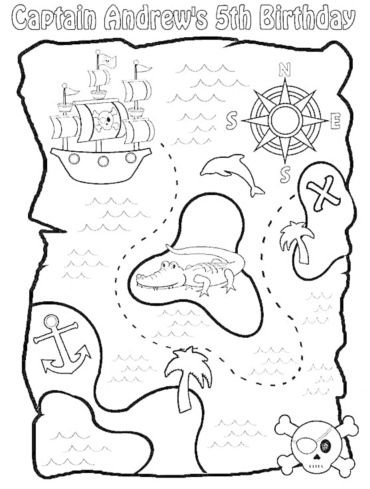 Раскраска Карта Сокровищ с кораблём, компасом, дельфином, аллигатором на острове, крестом, якорем, пальмой и черепом с костями