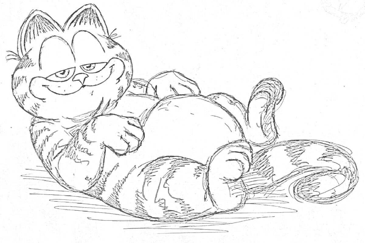 Раскраска Ленивый кот Граф на полу с полосатым хвостом и полным животом