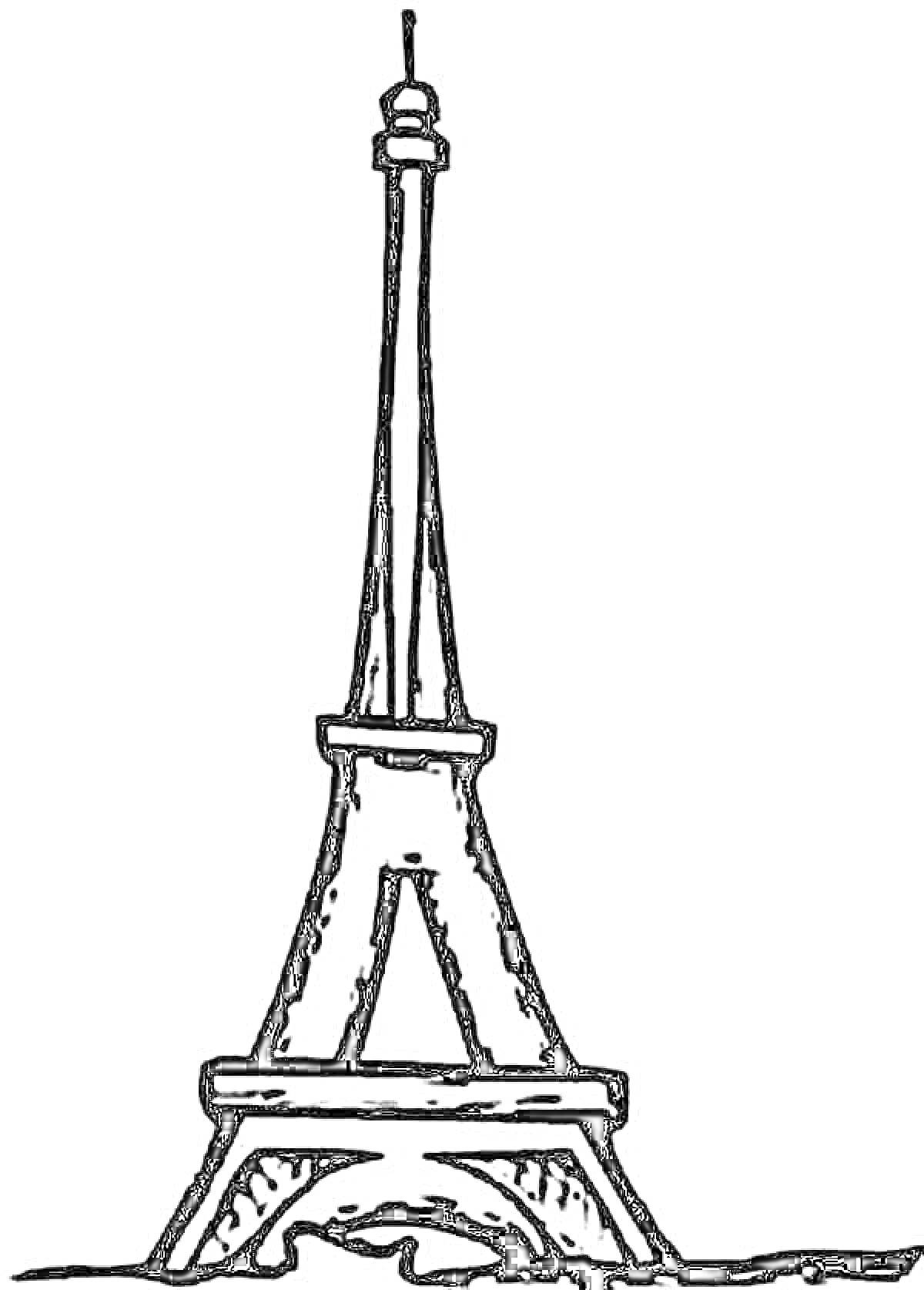 Раскраска Эйфелева башня с основанием и элементами конструкции