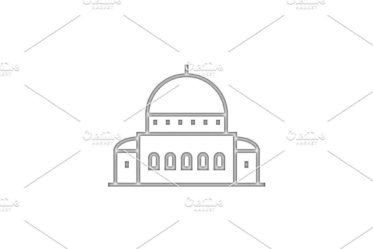Раскраска Синагога с куполом, арочными окнами и двумя боковыми пристройками