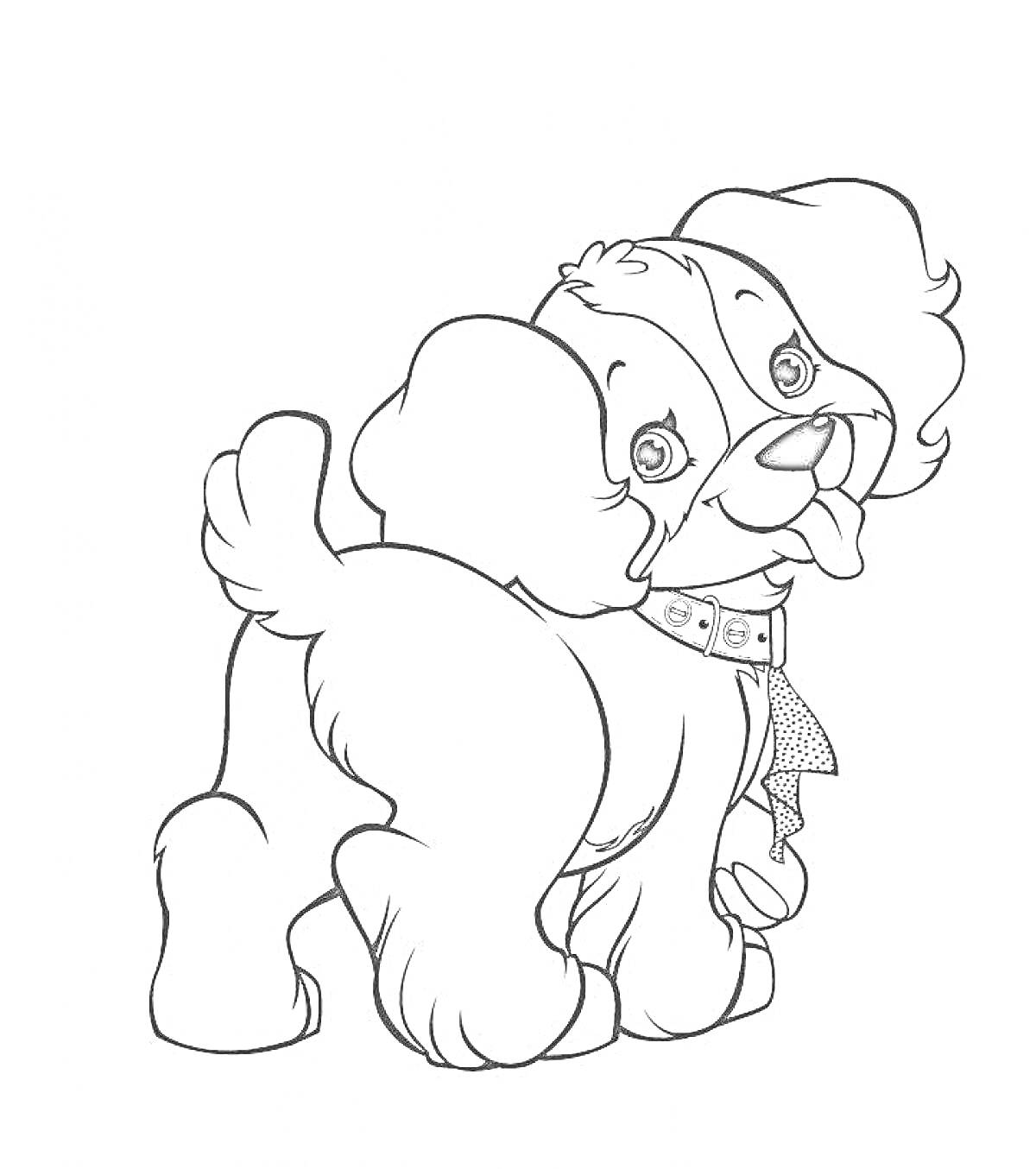 Раскраска Собачка с большими ушами, бантом на шее, высунутым языком