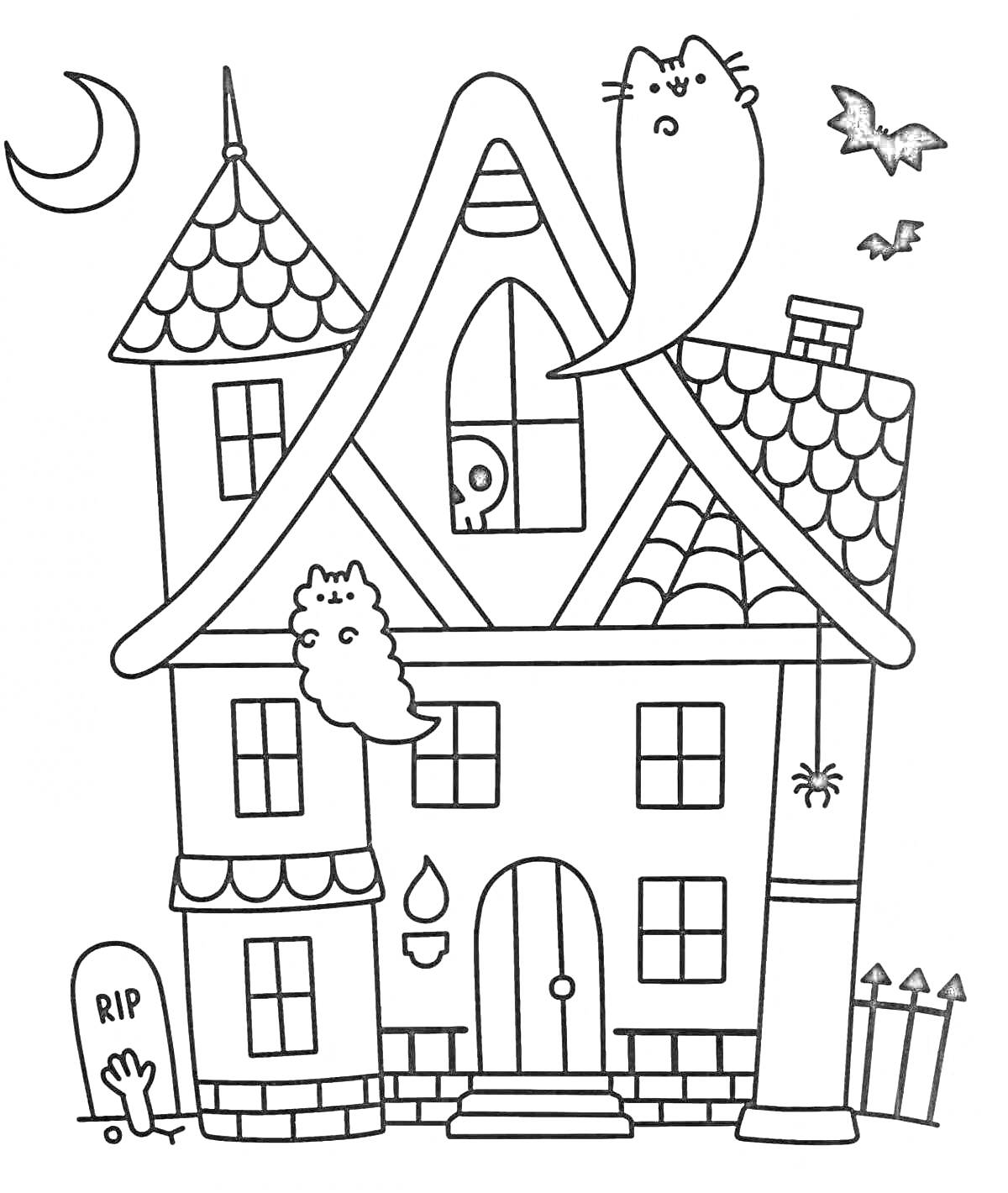 На раскраске изображено: Привидения, Луна, Могила, Окна, Дверь, Крыша, Ночное время