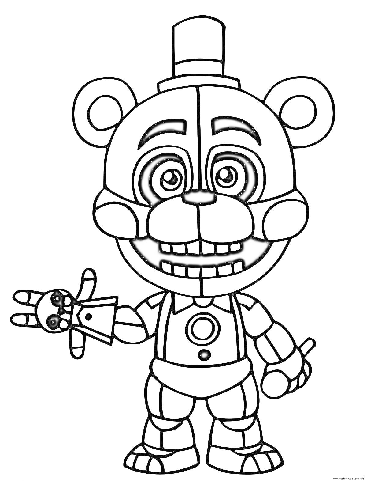Раскраска Фредди с куклой на руке, в цилиндре, с улыбкой и кругом в центре груди