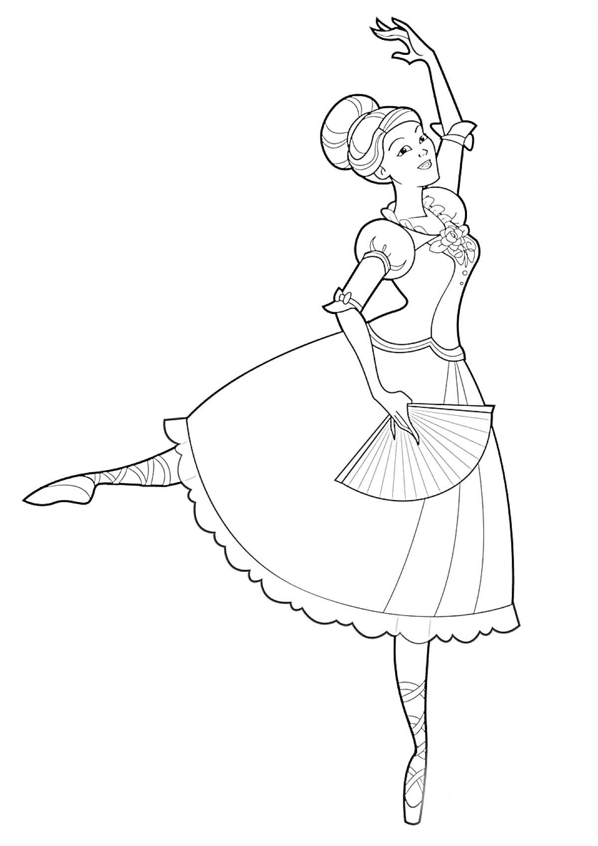 Балерина в классическом платье с веером, танцует на пуантах