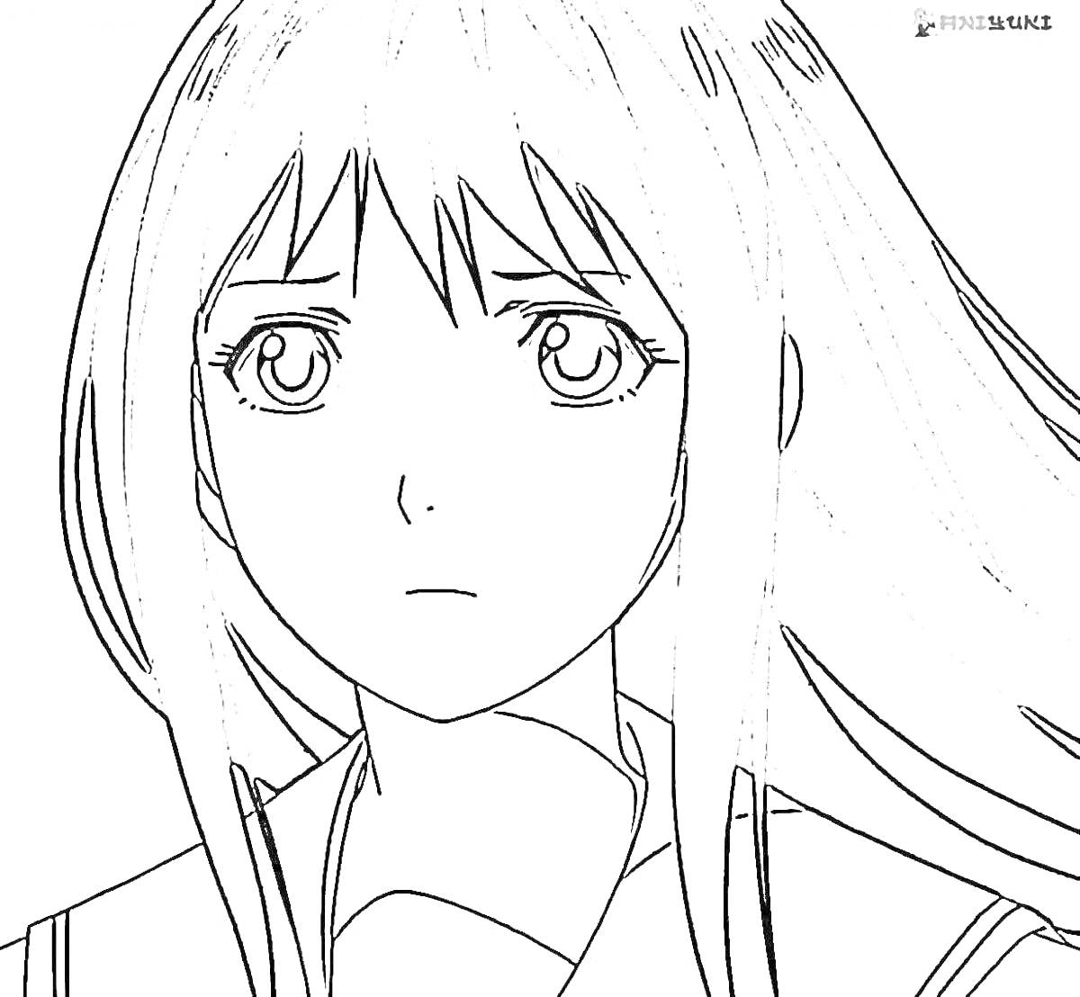 Раскраска Девушка с длинными волосами и печальным выражением лица из аниме 