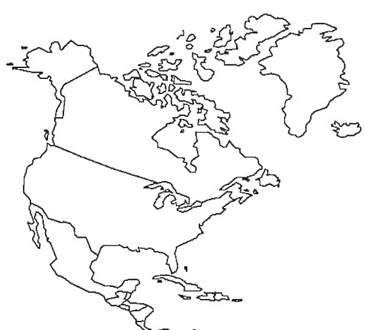 Раскраска Контурная карта Северной Америки с показанными территориями материка и островов
