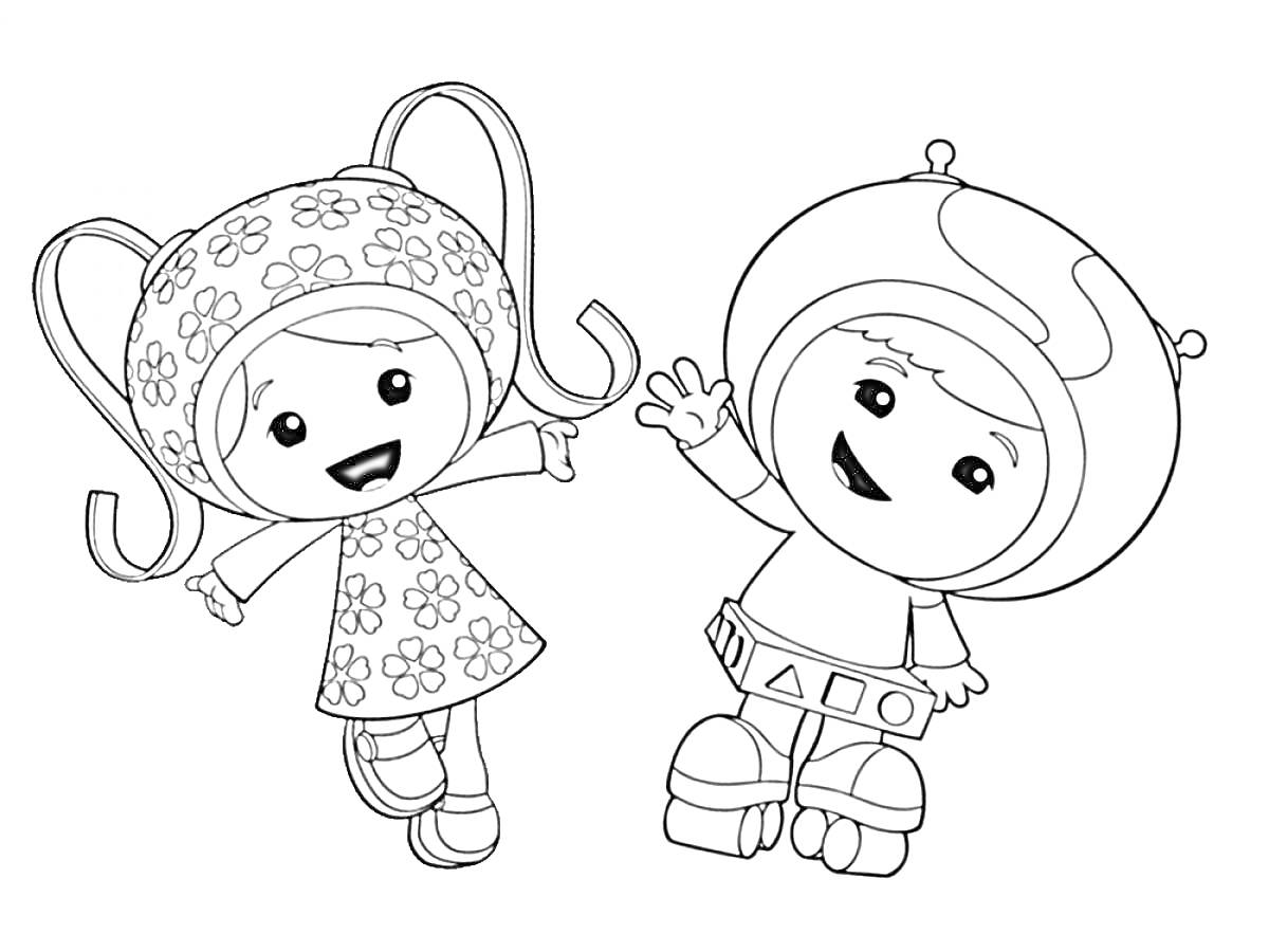Раскраска Мальчик и девочка из Умизуми, держащиеся за руки