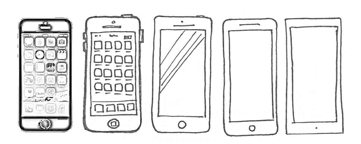 Раскраска пять телефонов с приложениями и без приложений, первый телефон с загрузкой приложения, второй телефон с домашним экраном с иконками приложений, третий телефон с одной линией, четвёртый и пятый телефоны пустые