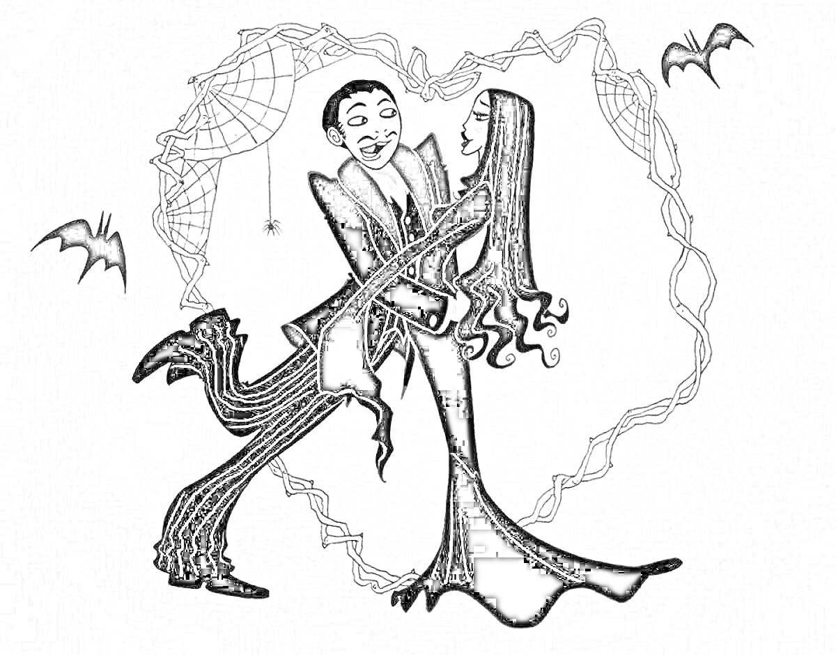 Раскраска Пара в танце с паутиной и летучими мышами на фоне