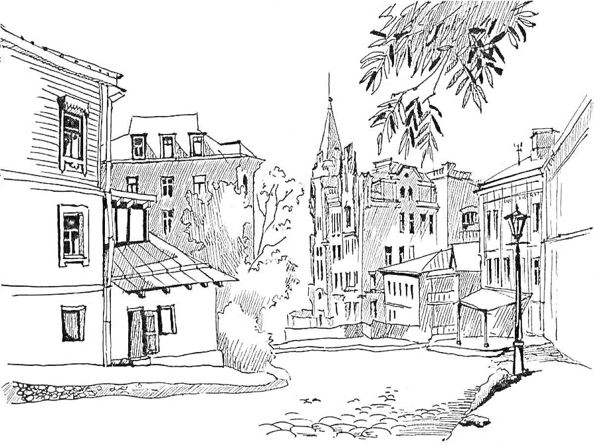 На раскраске изображено: Городской пейзаж, Здания, Деревья, Фонари, Архитектура, Лето, Зелень