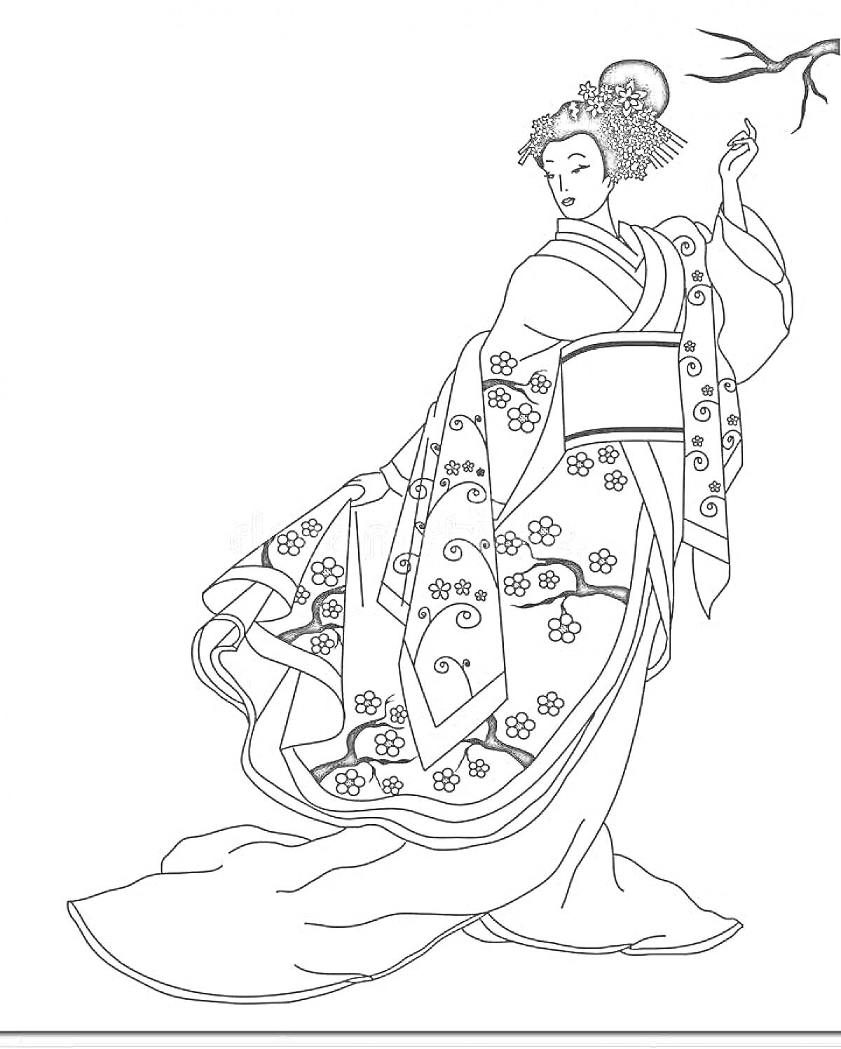 Раскраска Японка в кимоно с цветочной вышивкой и ветка сакуры