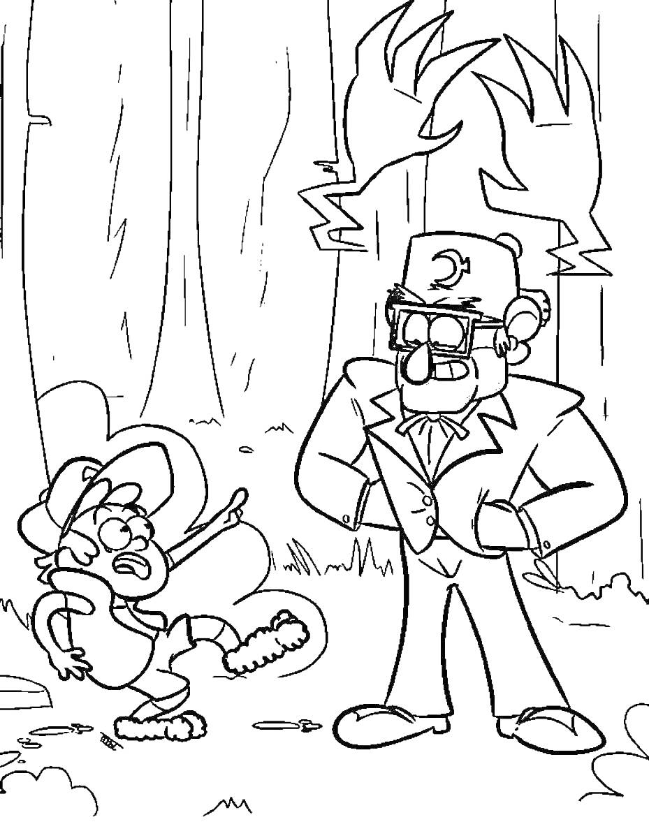 Раскраска Диппер и Стэн в лесу. Гравити Фолз. Диппер падает и показывает наверх, а Стэн смотрит.