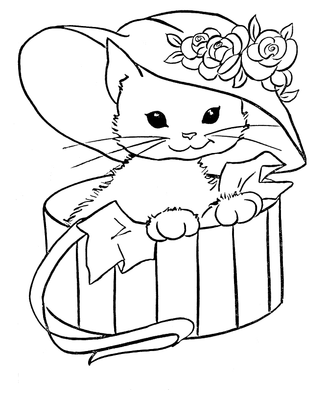 Раскраска Кошка в шляпе с цветами, сидящая в полосатой коробке