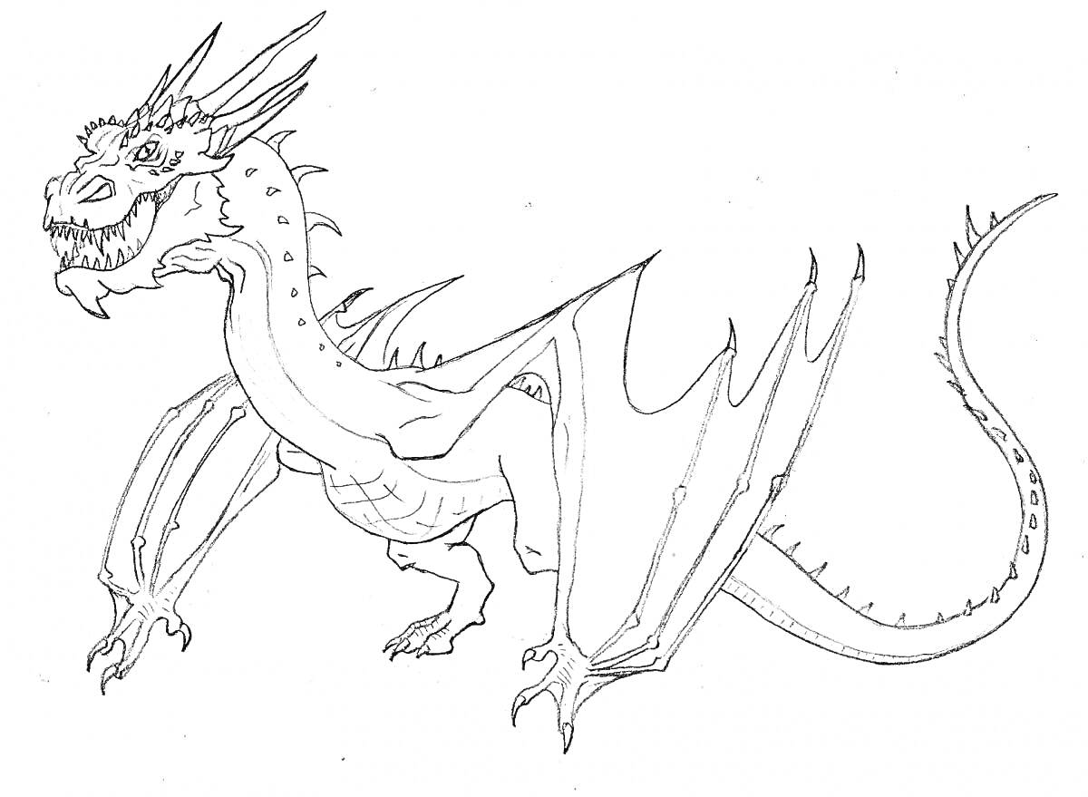 Раскраска Дракон Смауг с мощными крыльями и длинным хвостом, с выраженным лицом и рогами, в детализированной позе