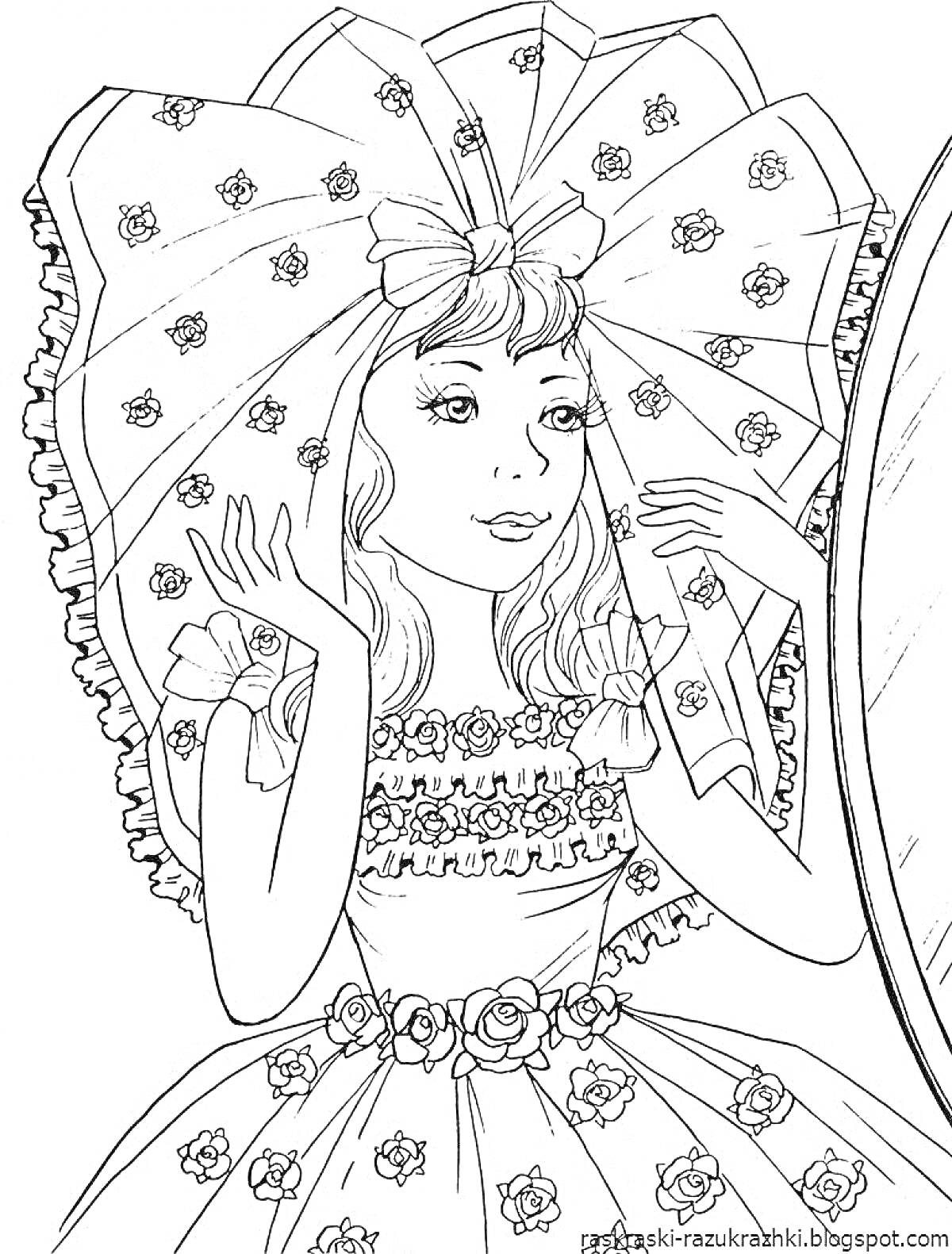 Раскраска Девочка в нарядном платье, с большим бантом на голове и цветочным узором