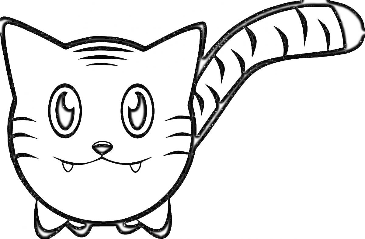 Раскраска мультяшный кот с большими глазами, полосатым хвостом и маленькими клыками