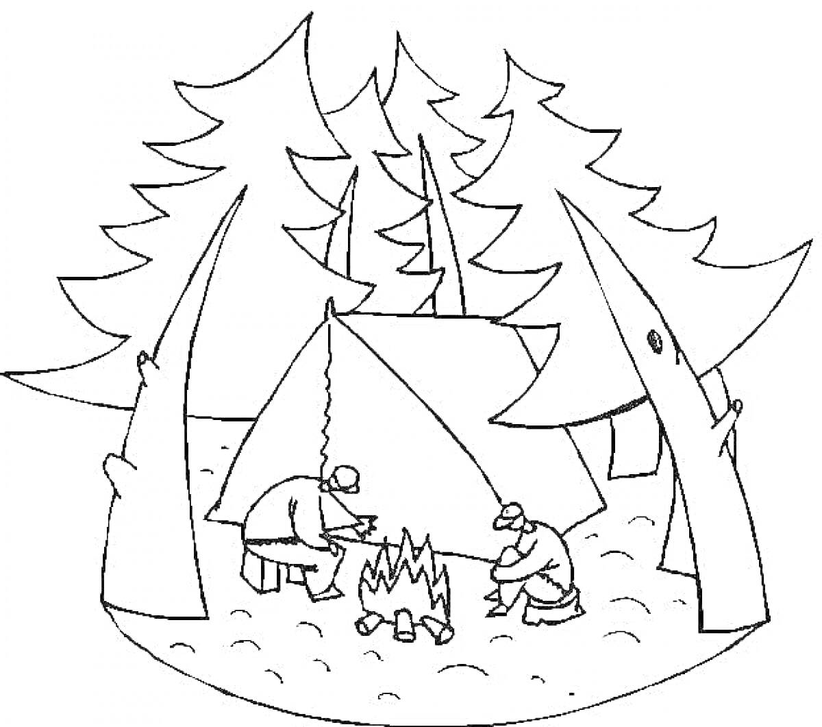 Раскраска Лагерь в лесу с палаткой, костром и двумя туристами