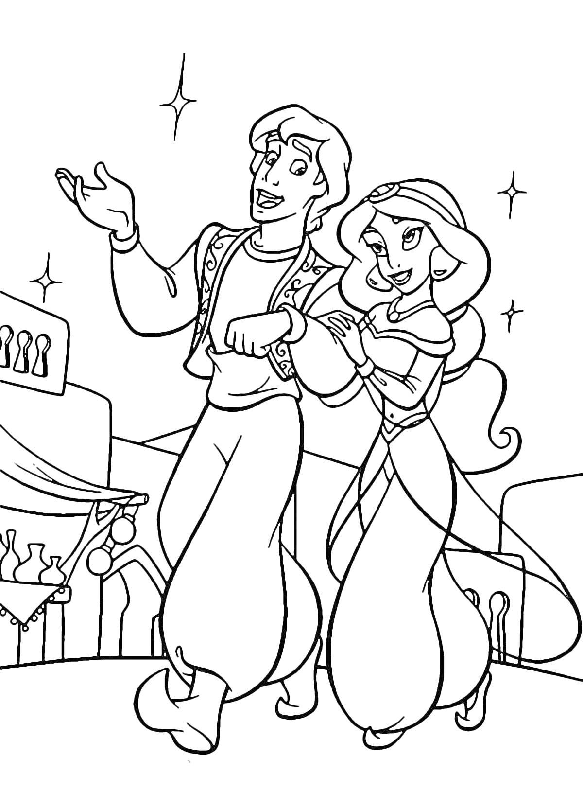 Раскраска Алладин и Жасмин прогуливаются по городу с рынком на заднем плане и звёздами на небе