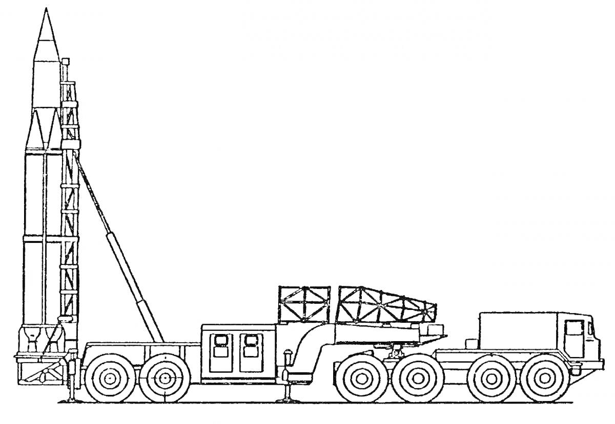 Раскраска Ракетная установка с грузовиком, подъемным краном и ракетой