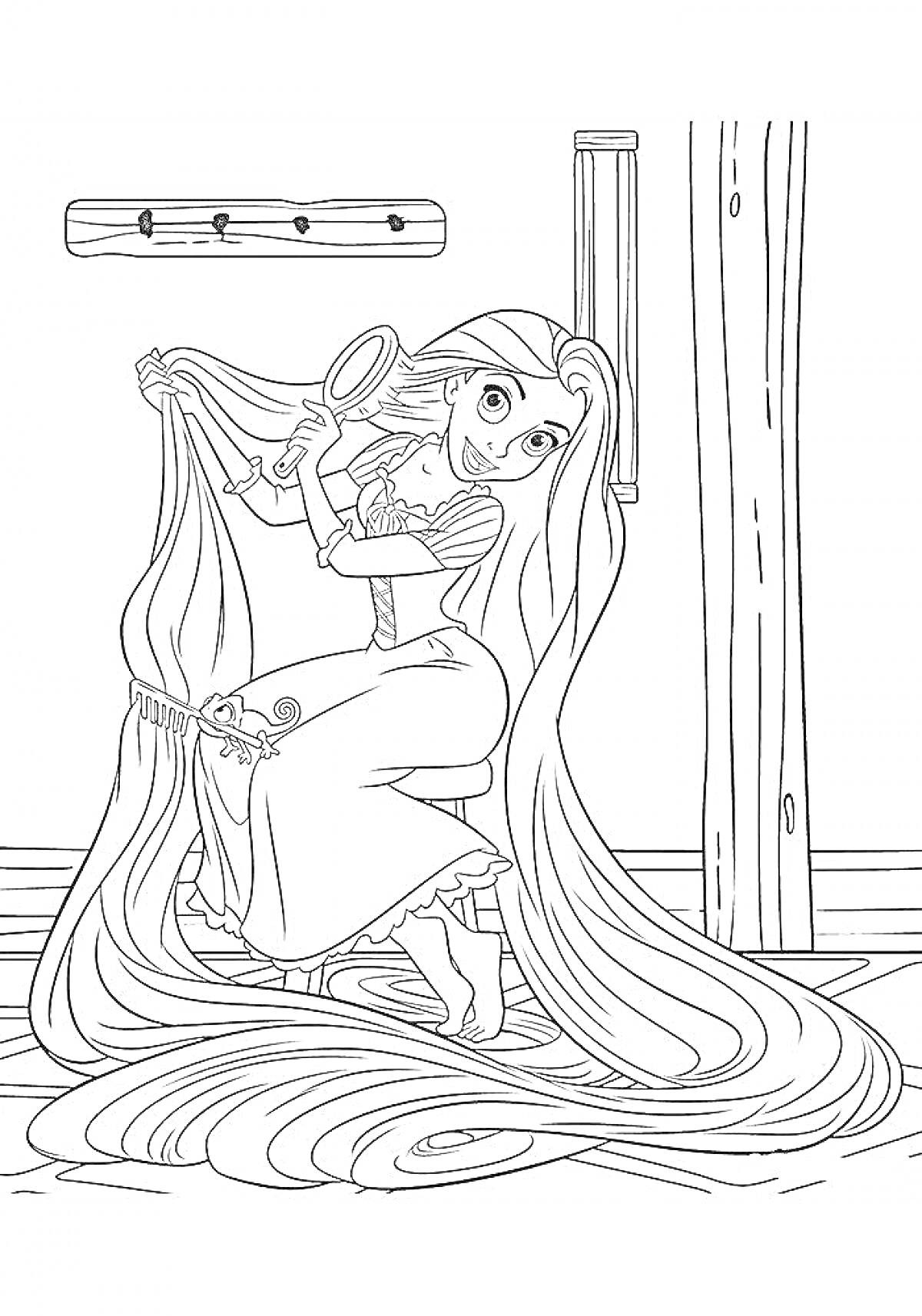 На раскраске изображено: Рапунцель, Принцесса, Длинные волосы, Зеркало, Комната, Деревянный пол, Деревянная стена, Творчество