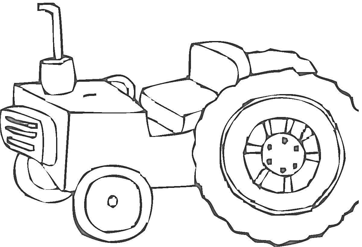 На раскраске изображено: Трактор, Сельскохозяйственная техника, Транспорт, Выхлопные трубы