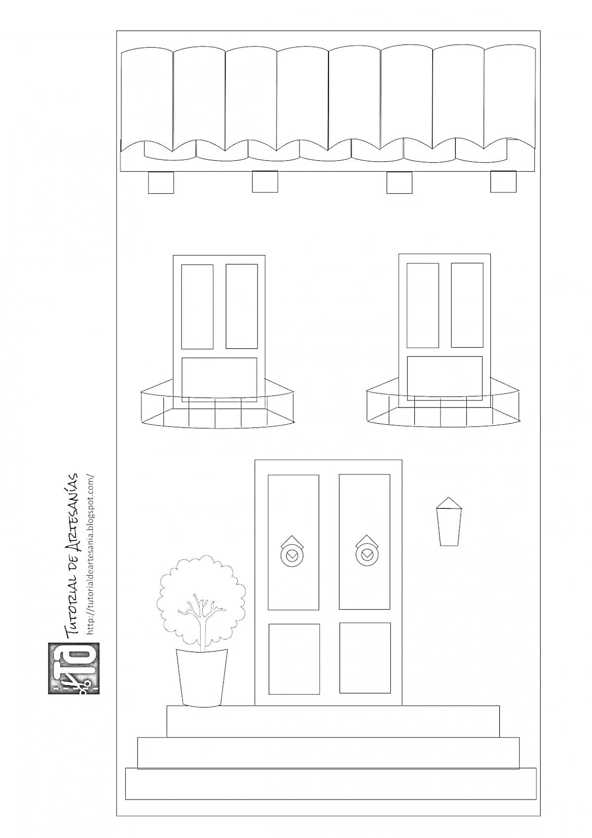 На раскраске изображено: Кукольный дом, Фасад, Дверь, Окна, Дерево в горшке, Навес, Лестница
